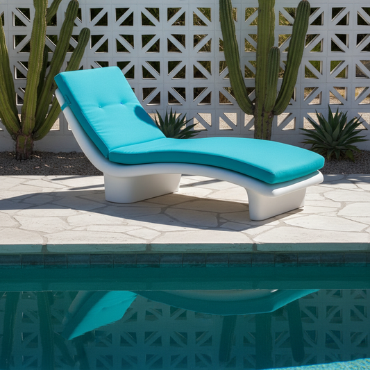 Elegant outdoor loungers with cushions in deep blue and emerald green patterns surrounded by lush greenery.