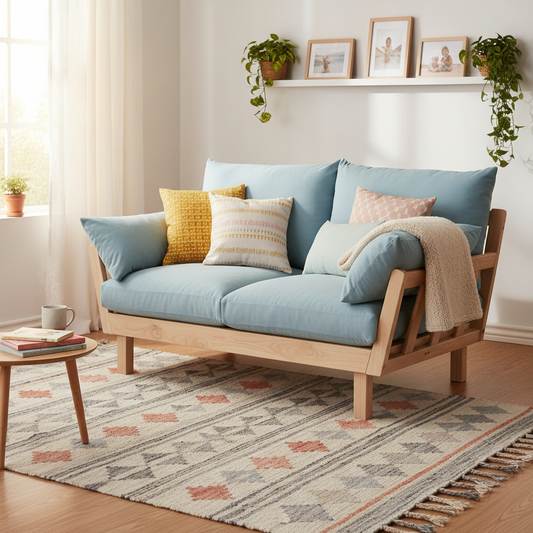 Colorful and patterned patio loveseat cushions in an outdoor garden setting