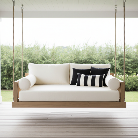 Stylish deep teal and aubergine patterned patio swing cushions in a garden