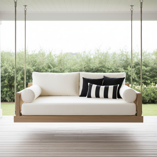 Stylish deep teal and aubergine patterned patio swing cushions in a garden