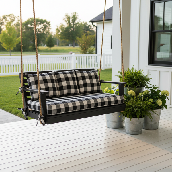 Stylish patio swing pads in a vibrant design used in a garden swing