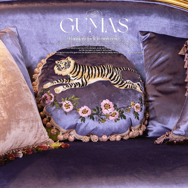 Periwinkle purple velvet pillow with hand-embroidered gold tiger and floral border with rose gold tassels 18x18 inch