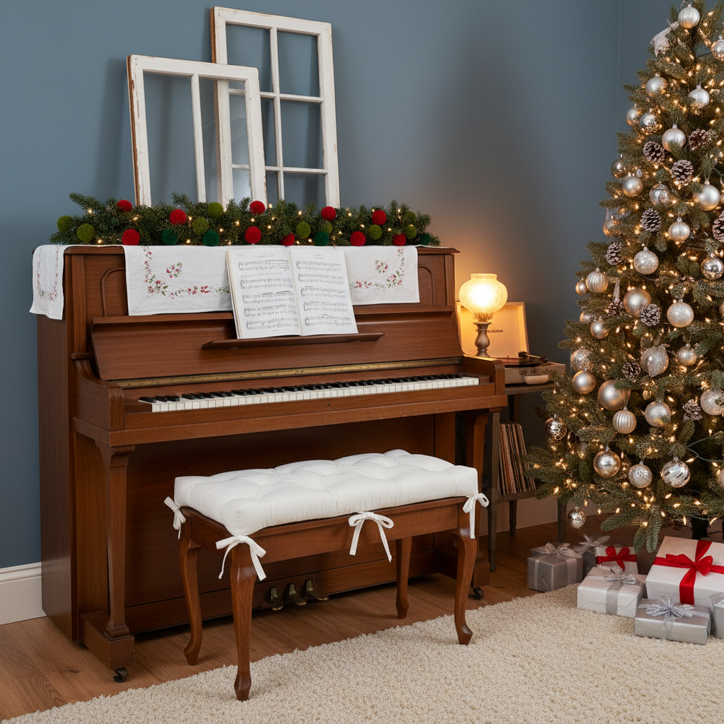 Soft pastel piano bench cushion in a serene music room