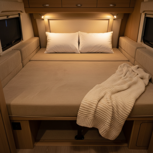 Cozy camper interior featuring stylish replacement cushions in green and floral patterns