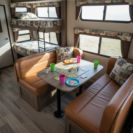 Navy blue geometric patterned RV camper cushions in a stylish outdoor setting