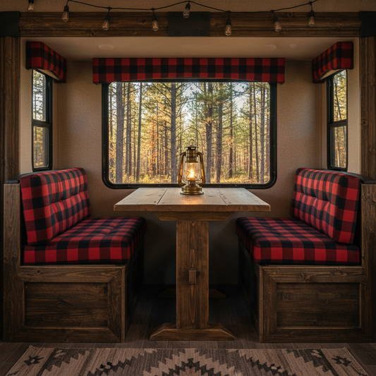 Stylish replacement cushions in a vibrant RV interior, showcasing deep navy and forest green patterns.