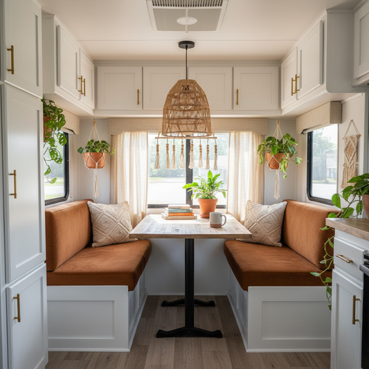 Stylish deep navy blue geometric patterned RV cushions in a cozy living area