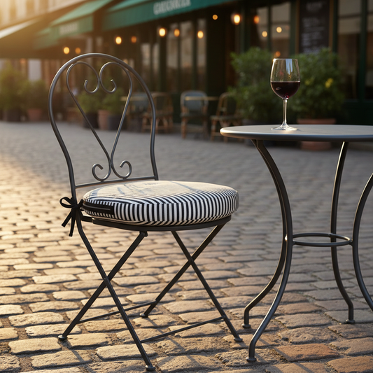 Deep navy and burgundy seat cushions on modern chairs in a dining room