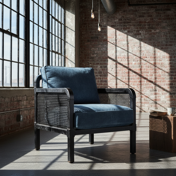 Deep cushion sectional sofa in navy blue fabric, styled in a cozy modern living room