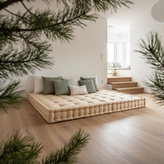 Single couch cushion in deep teal placed on a stylish grey sofa in a modern living room