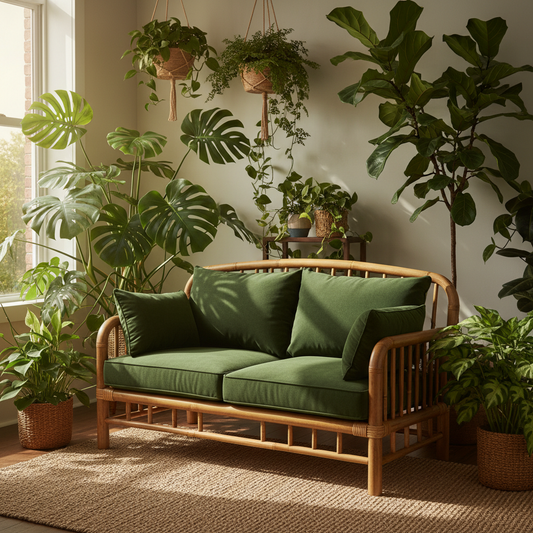 Single cushion loveseat in emerald green in a modern living room setting