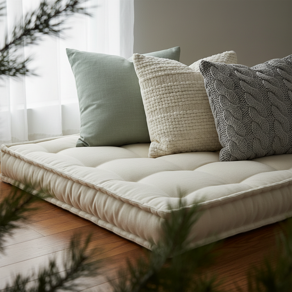 Deep teal and rich green outdoor sofa cushions on patio furniture