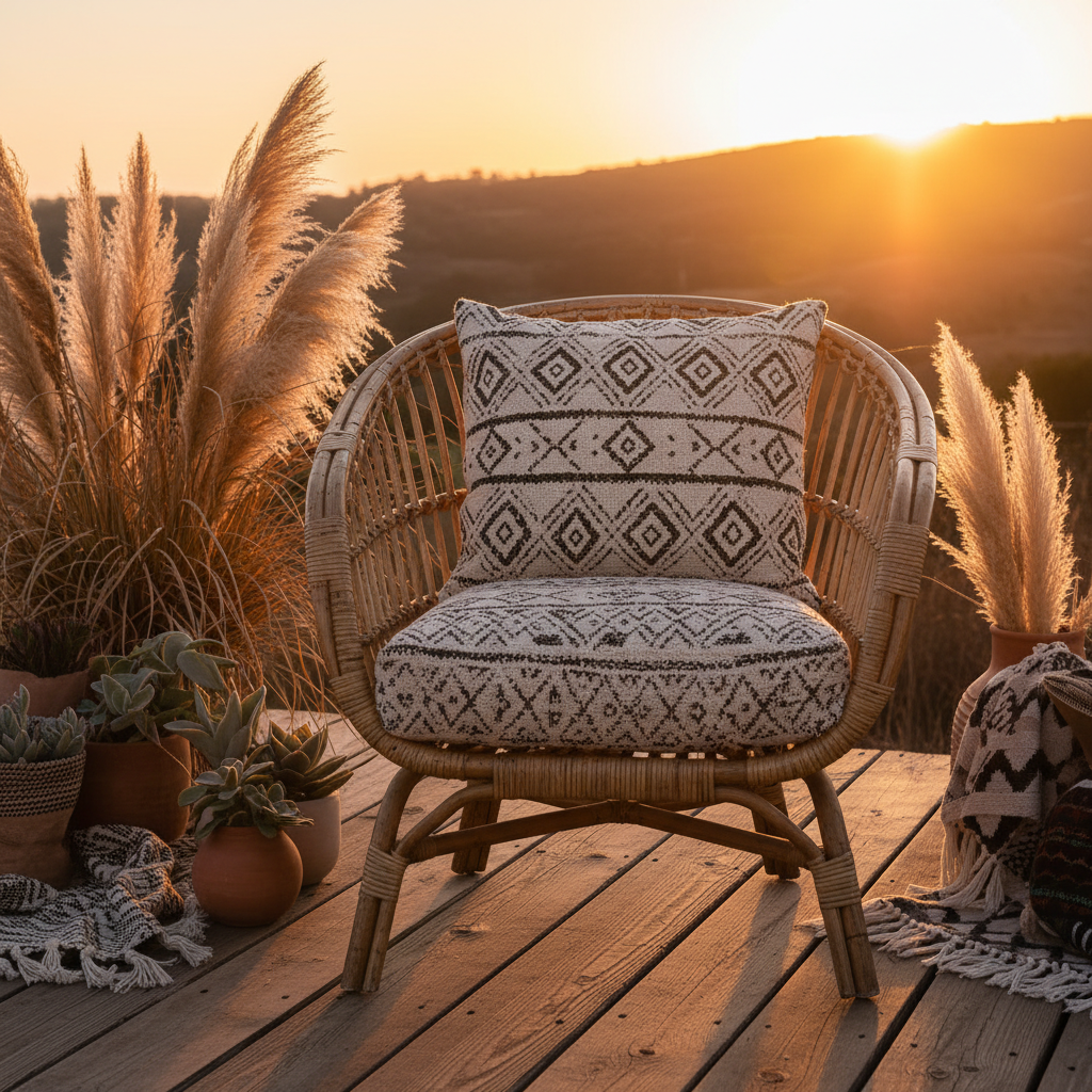 Outdoor sitting area featuring Sunbrella deep seat cushions in navy blue and green patterns surrounded by garden.