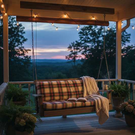 Replacement cushions for outdoor swing seat in a vibrant garden setting