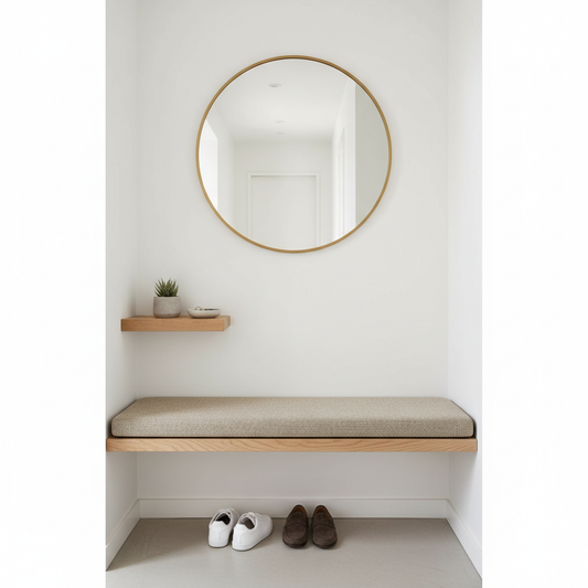 A tufted bench cushion in deep navy, set against a rustic outdoor patio with warm lighting.