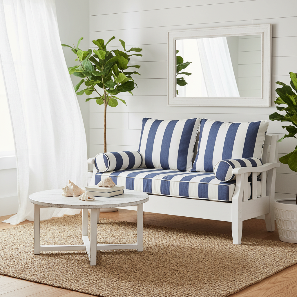 Stylish wicker loveseat cushions in earthy tones on a patio surrounded by greenery.