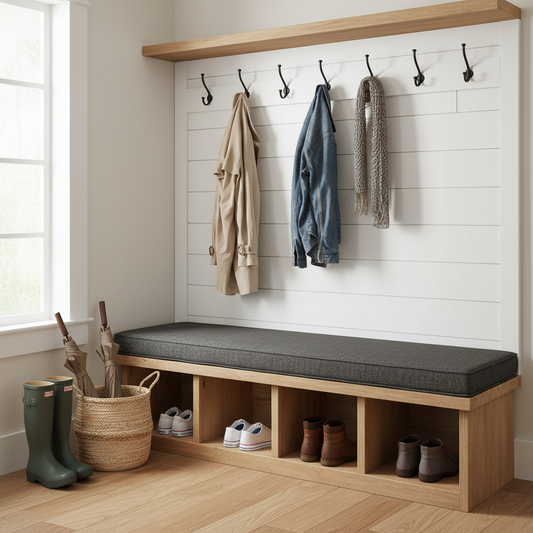 Soft, muted window bench cushions in a calming nook setting