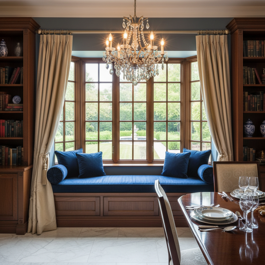 A cozy window bench pad in muted sage green, enhancing a serene nook