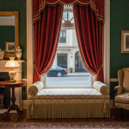 Calm and serene window cushion bench styled in soft muted colors in a cozy nook.