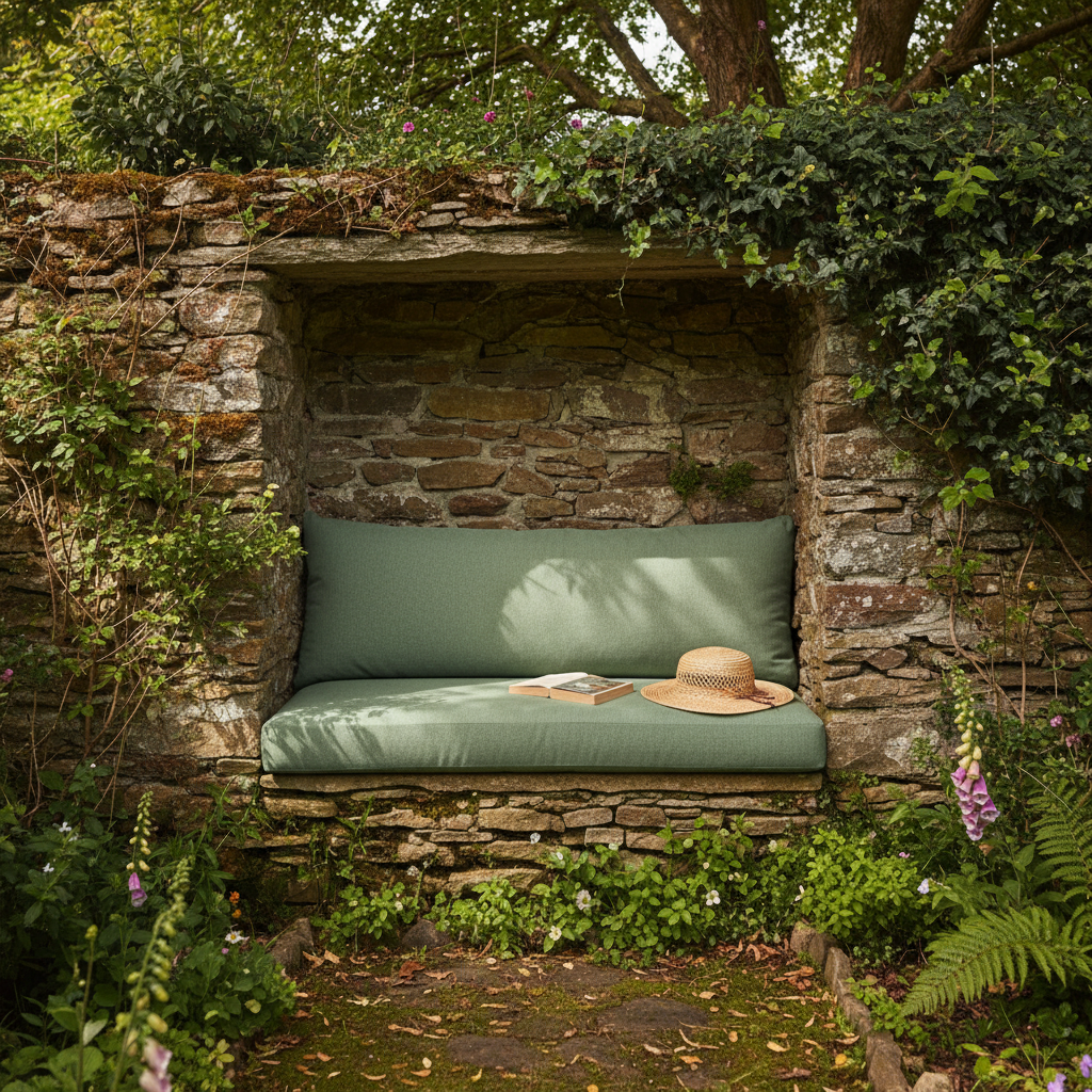 Soft blue and cream window seat cushions in a cozy nook