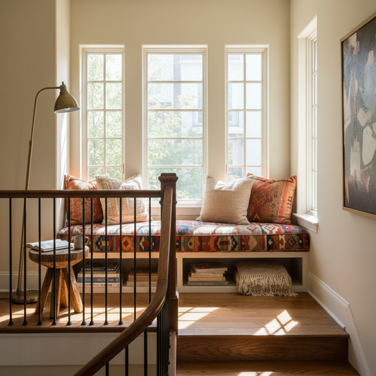 A cozy window seat adorned with soft pastel pillows, inviting and tranquil ambiance