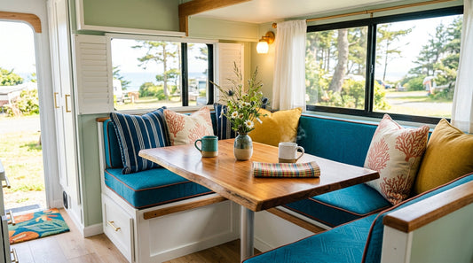Renovated RV dinette with custom cushions in a modern coastal color scheme