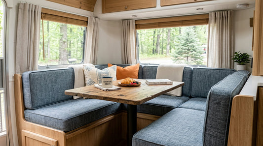 Upgraded RV dinette with new custom cushions in performance outdoor fabric