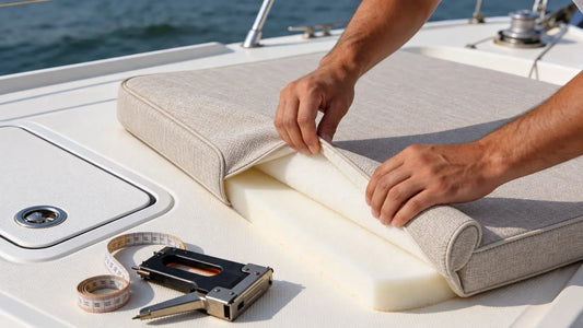 Hands fitting a new foam insert into a marine fabric boat cushion cover on deck