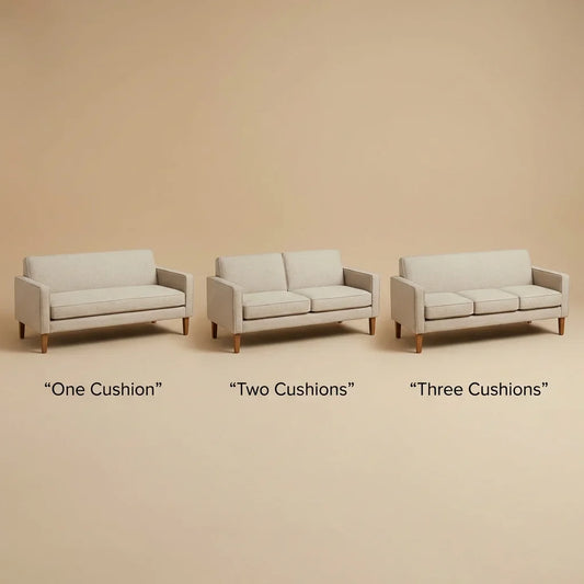 three couch cushion configurations compared side by side: one long seat cushion, two cushions, and three cushions