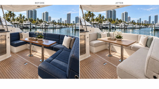 Boat cockpit dinette before and after replacing navy cushions with custom light gray cushions