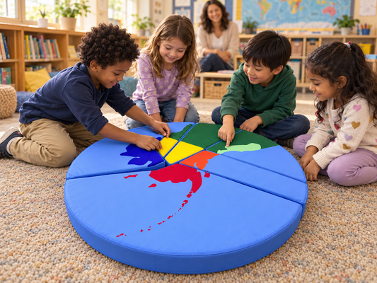 Children gathered around a custom map floor cushion in a classroom, fitting the pieces together
