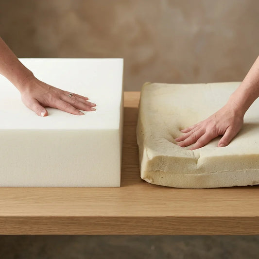 worn flat couch cushion foam next to a new high-density replacement insert