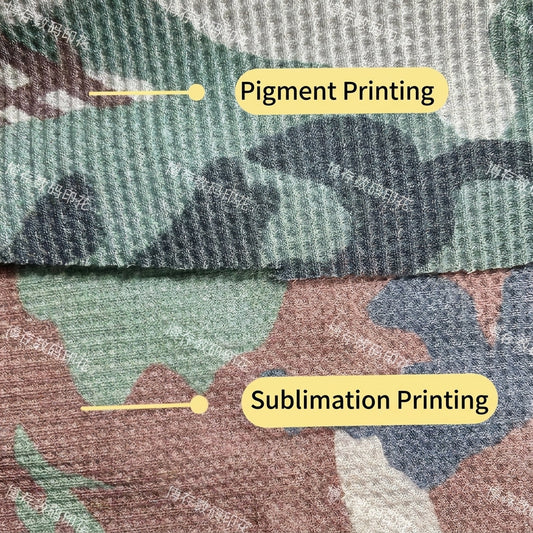 Side-by-side comparison of pigment printing and sublimation printing on fabric showing color depth and texture difference