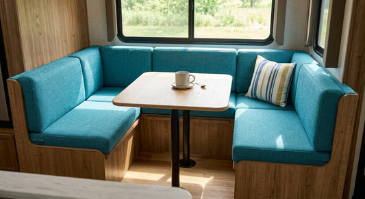 Completed custom RV dinette cushion set with matching seat and back cushions in both sides of booth