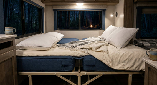 Comfortable RV interior with custom sofa bed cushions ready for sleeping