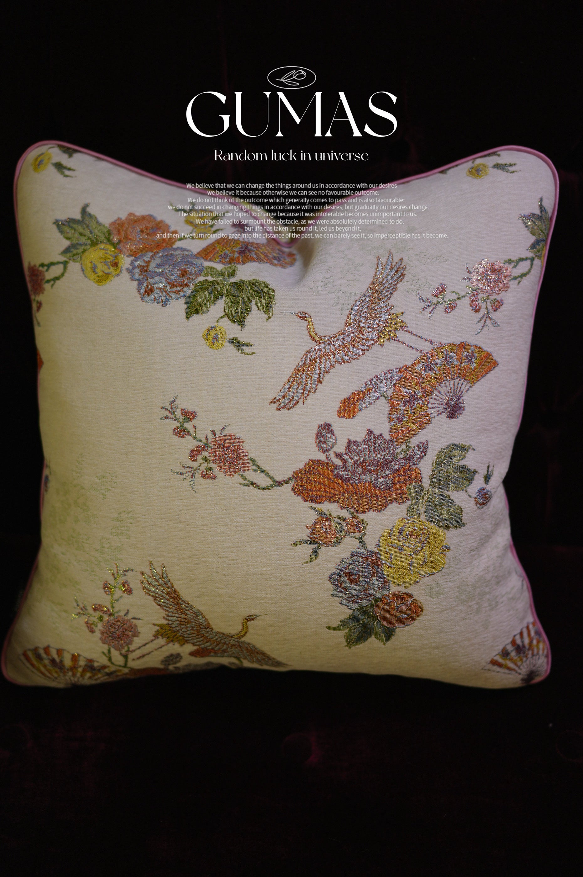 Embroidered silk satin pillow cream Chinese crane no insert variant