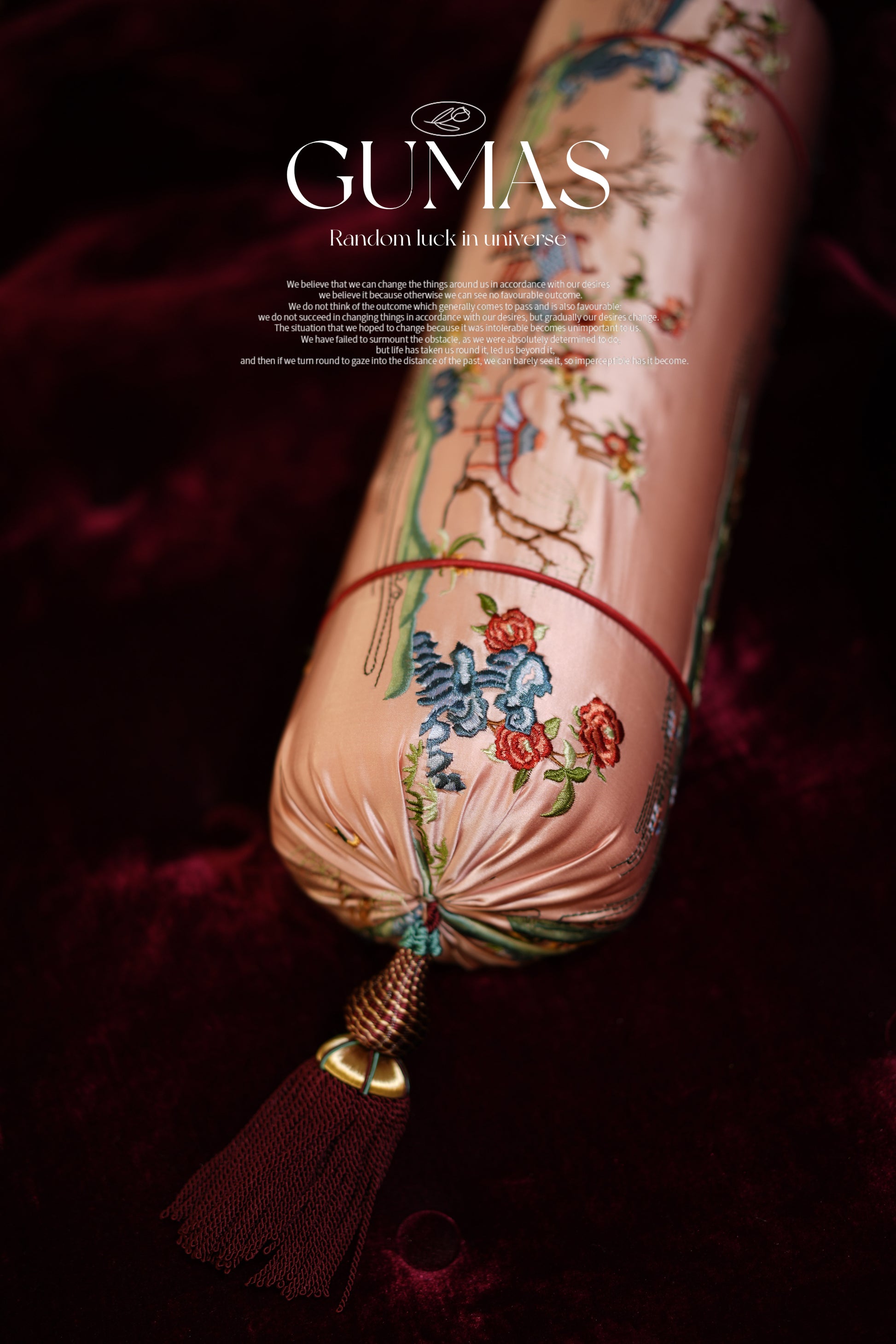 Silk embroidered chinoiserie lumbar pillow blush pink with insert 15x55cm
