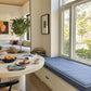 Custom window seat cushion on a built-in window bench