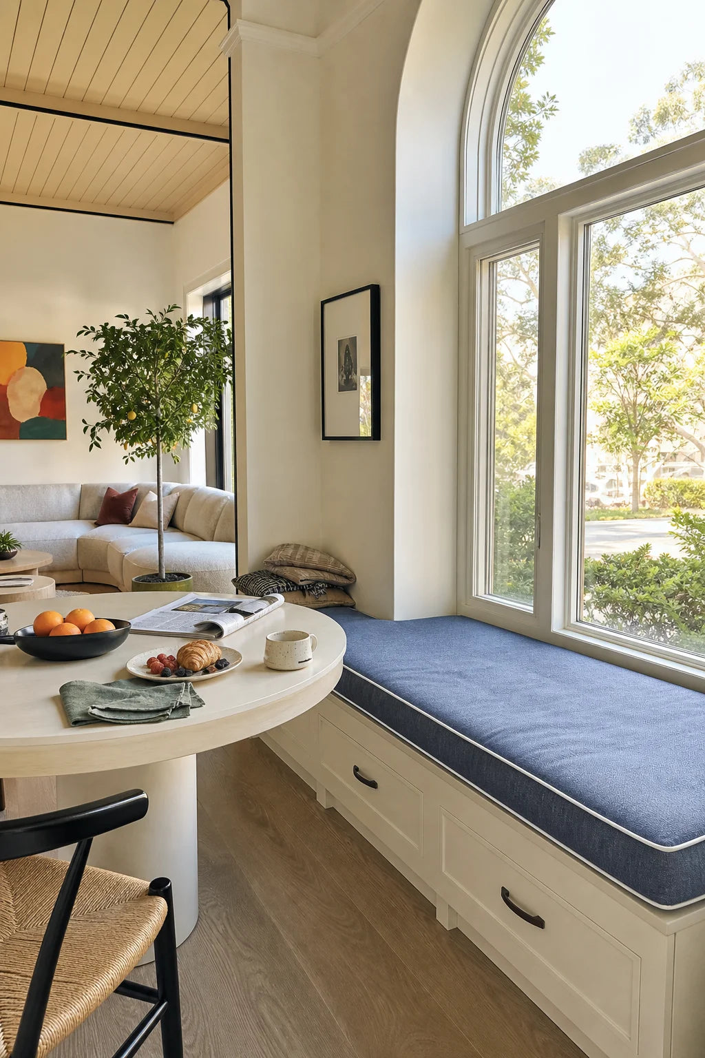 Custom window seat cushion on a built-in window bench