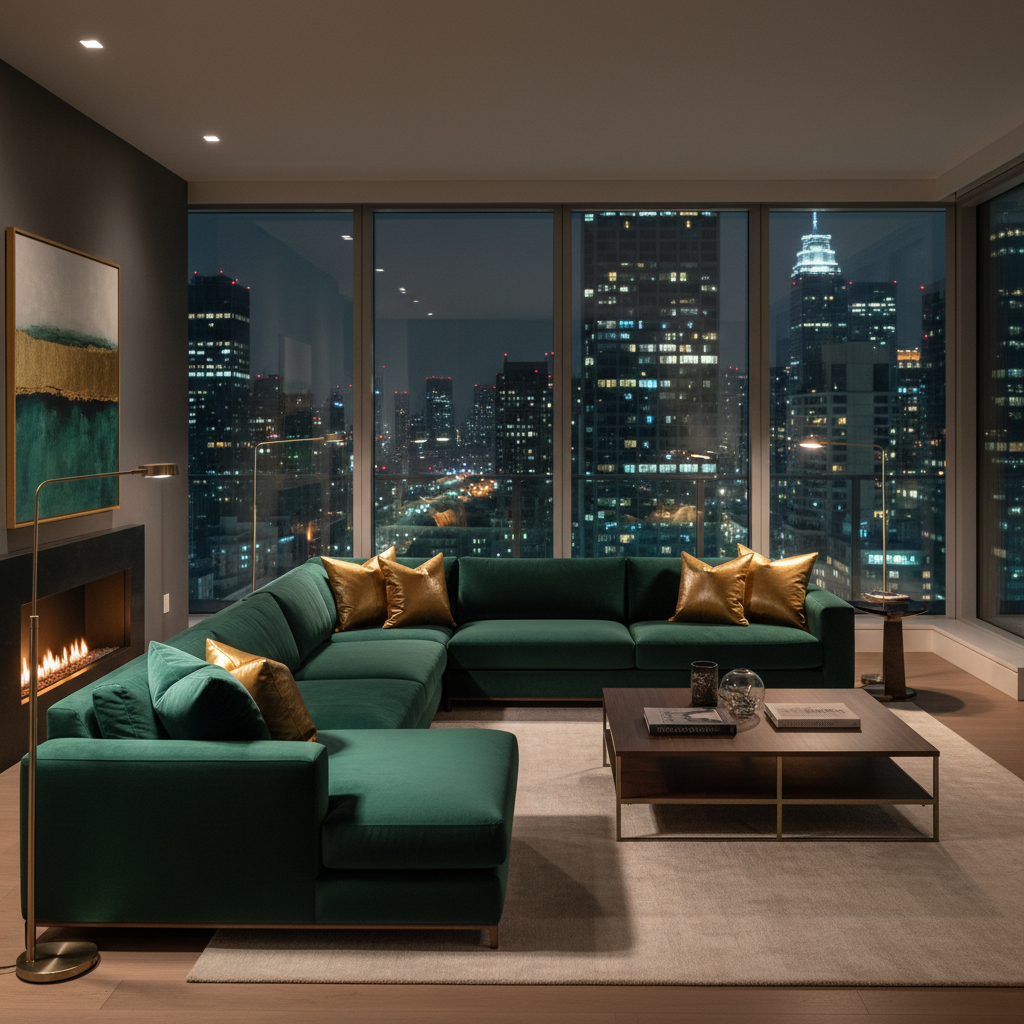 Stylish navy blue and forest green outdoor deep seat cushions on a patio