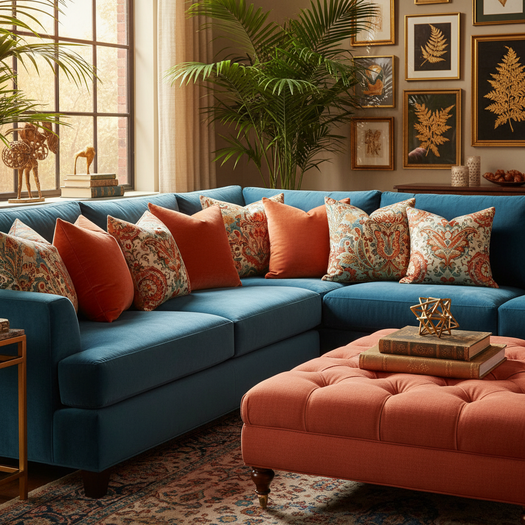 Navy slipcover on a 3 cushion sofa in a modern living room setting.