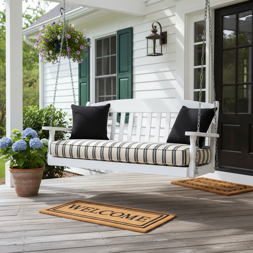 Stylish outdoor bench cushion in a garden setting with rich colors and patterns.