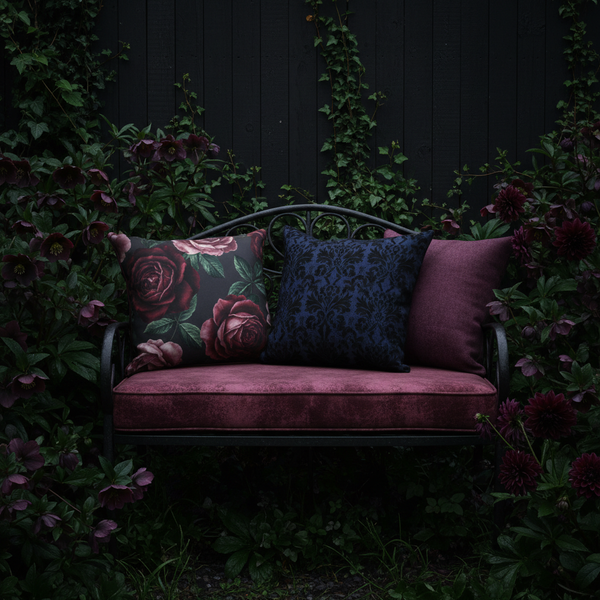 40 x 20 outdoor bench cushion in deep teal with geometric pattern in a garden