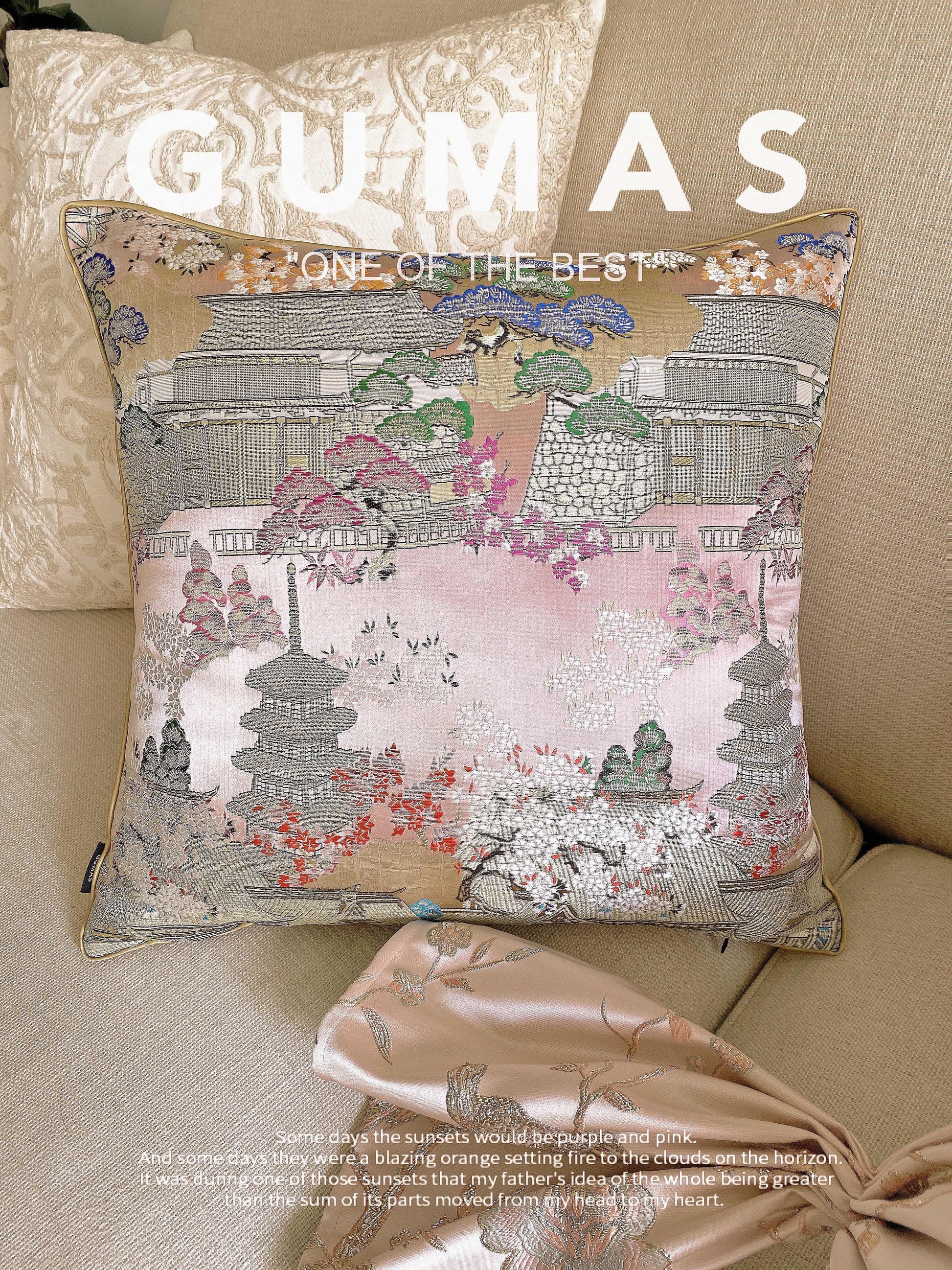 Chinese cloud brocade pillow cover cherry pink with insert 45x45cm