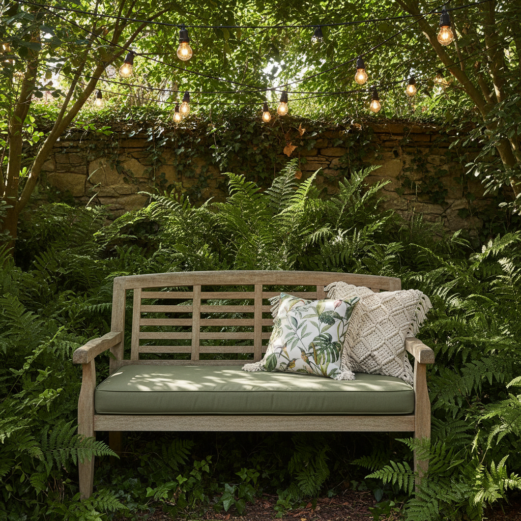 Stylish navy blue bench cushion with a subtle pattern in outdoor garden setup