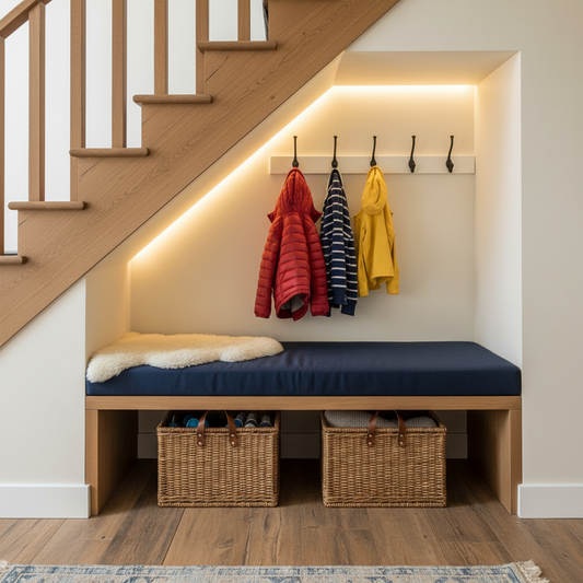 Stylish 52 bench cushion with deep navy color and geometric pattern in an outdoor patio setting