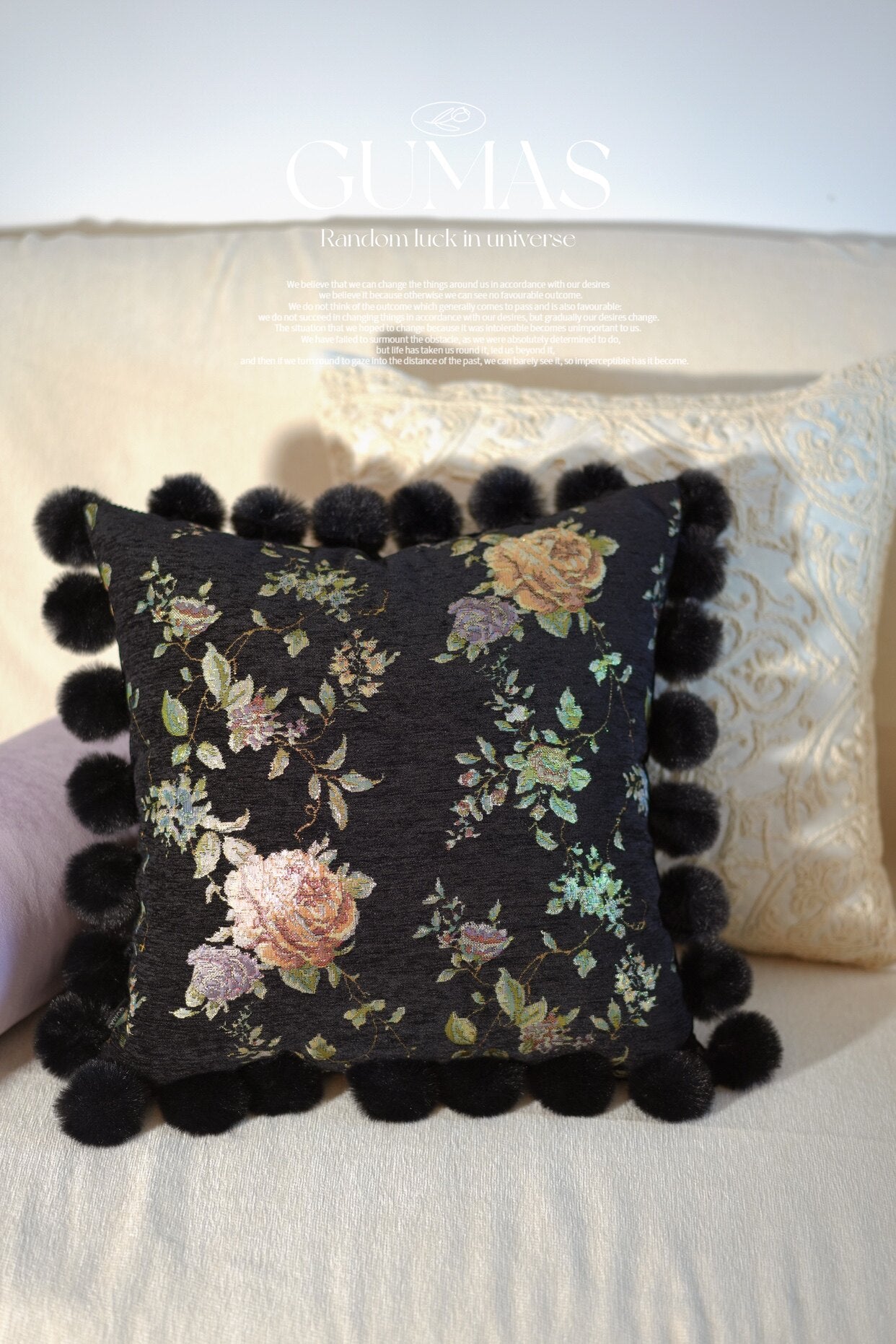 Monet Garden black chenille square pillow with pom-pom trim with insert 55x55cm