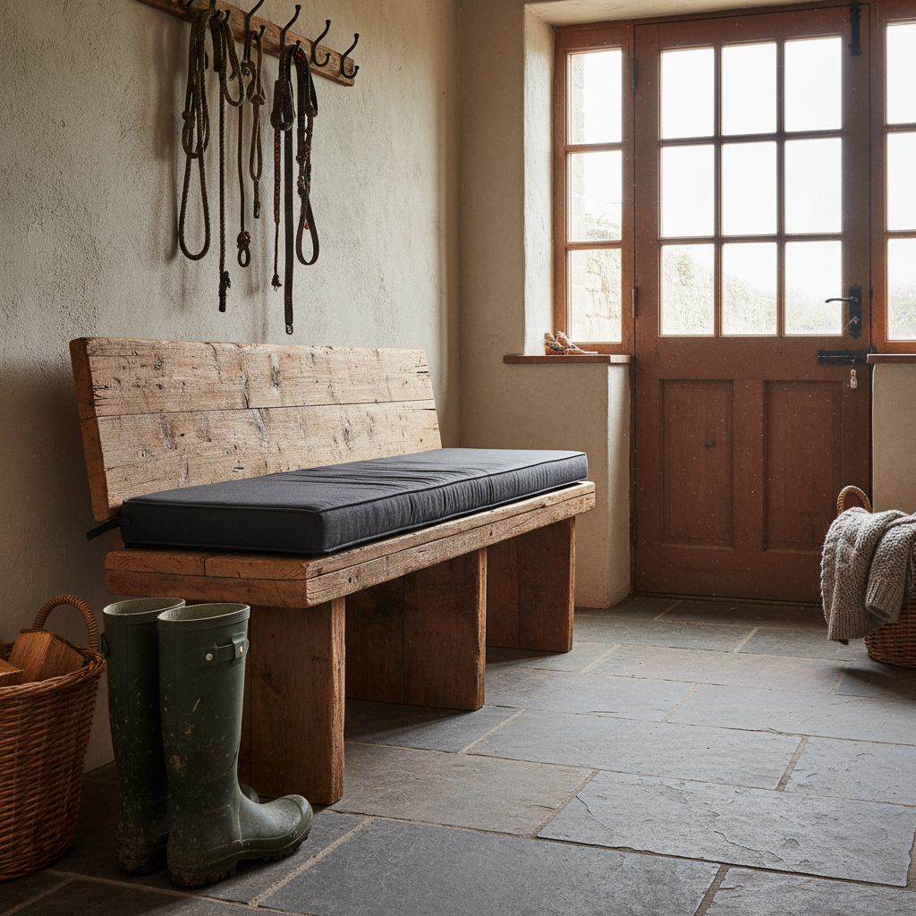 Navy blue bench cushion in an outdoor setting surrounded by greenery.