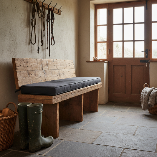 Navy blue bench cushion in an outdoor setting surrounded by greenery.