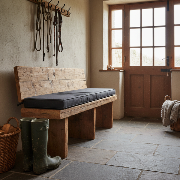 Navy blue bench cushion in an outdoor setting surrounded by greenery.